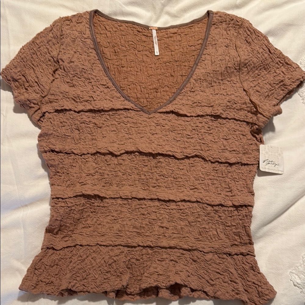 Free People Brown Ruffled Blouse with Scoop Neck